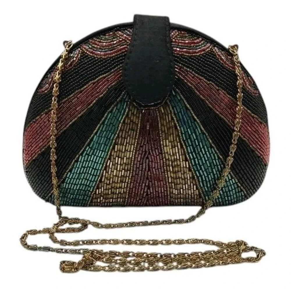 Bob Mackie Vintage Purse Glass Beaded Rainbow Dome Clutch Art Deco Boho SEE - Picture 2 of 13